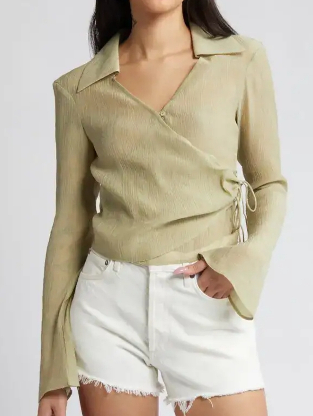NWT Topshop Womens Long Sleeve Button Front Plissé Wrap Top Khaki Size 4